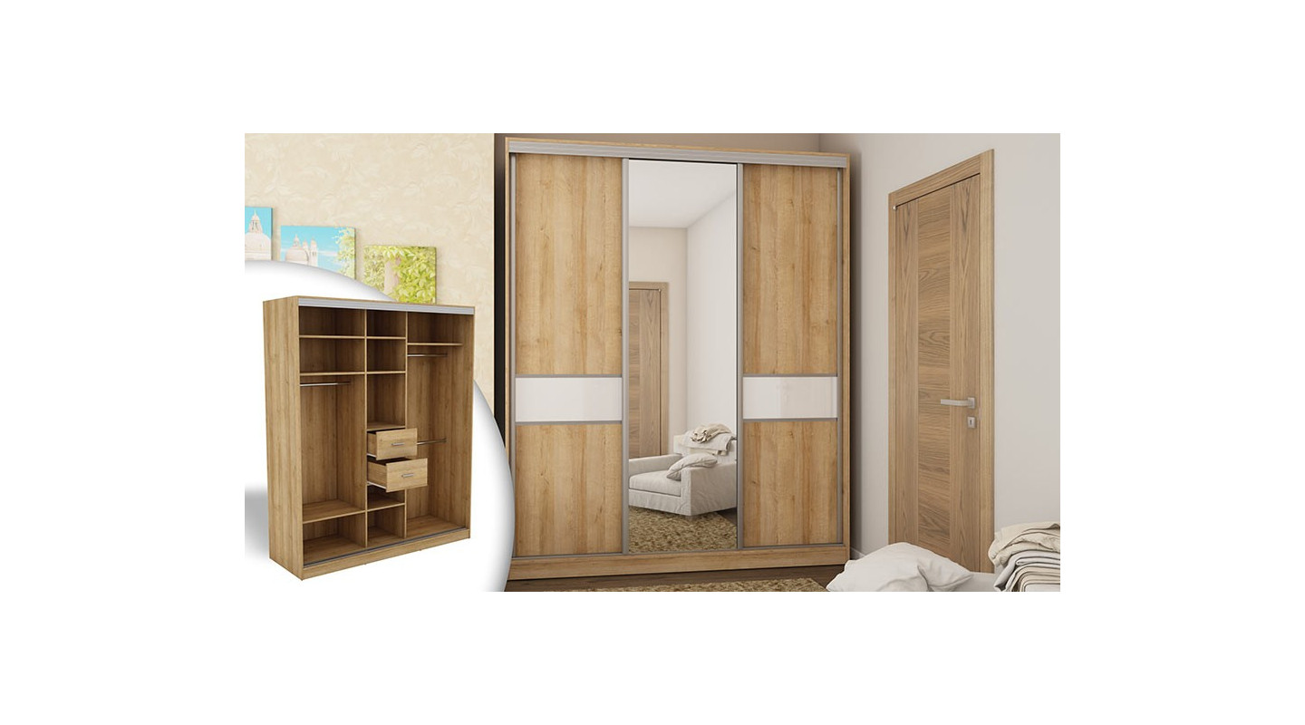 Eiche Riva/Weiß glänzend - Silberne Beschläge + Spiegel