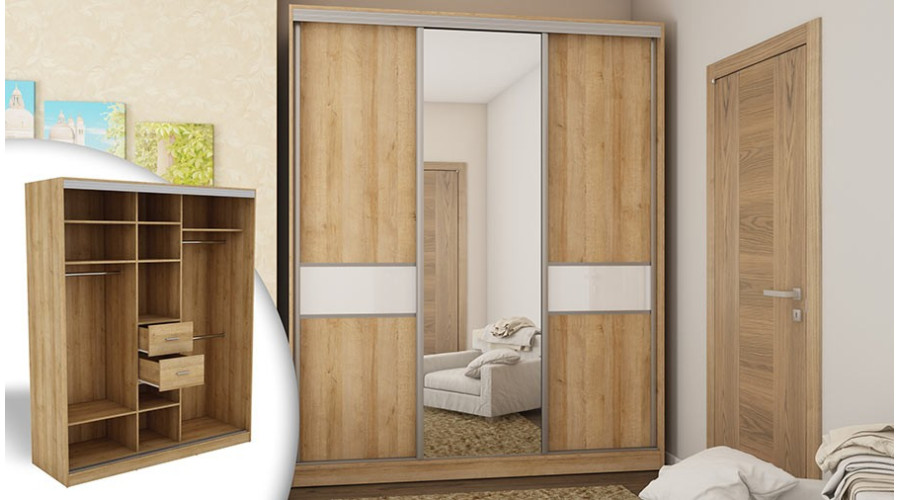 Eiche Riva/Weiß glänzend - Silberne Beschläge + Spiegel