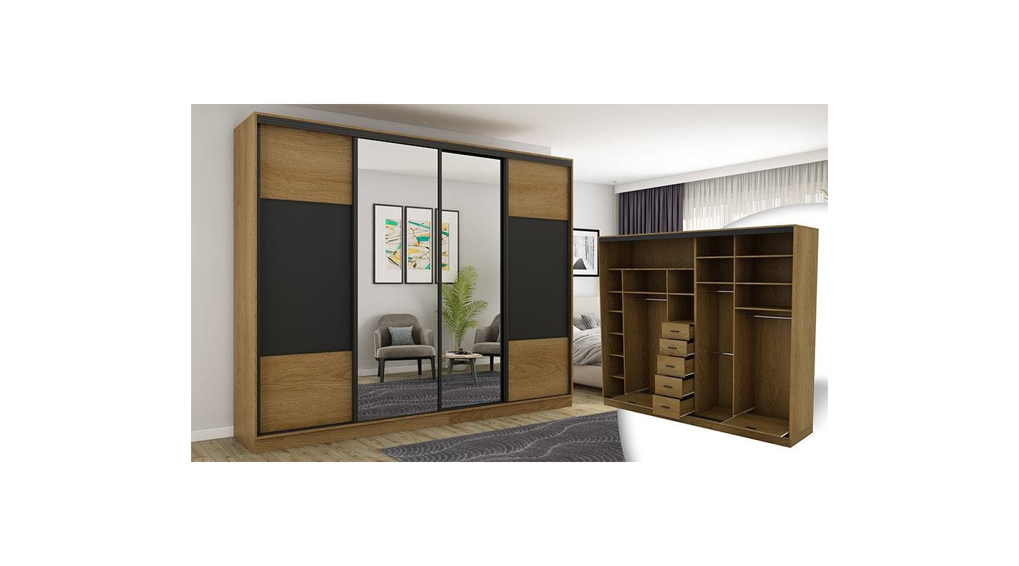 Dąb Karmel/Czarny + Lustra - Okucia Czarne