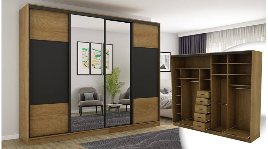 Karamell-Eiche/Schwarz + Spiegel - Schwarze Beschläge