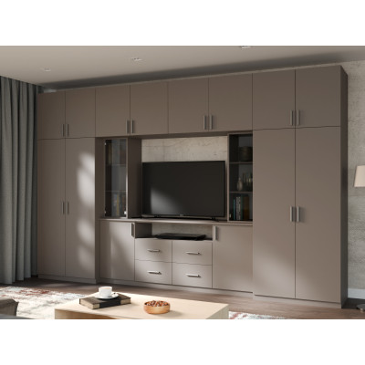 Moderne Wohnwand mit geräumigen Schränken und TV-Vitrine, 240 cm hoch - NESTO