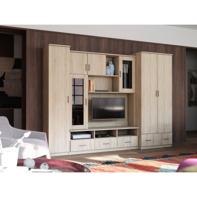 Meuble TV mural avec armoires, vitrines, rangements TV, hauteur 200 cm - BOSMAN