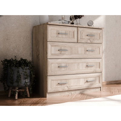 Commode moderne 90 cm, 5 tiroirs, fermeture douce, aulne, pin, noyer, blanc