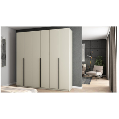 6-türiger Kleiderschrank zum Öffnen 240 x 240 cm – Kaschmir-Beige mit schwarzen Griffen