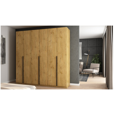 6-türiger Kleiderschrank 240 x 240 cm – Lancelot-Eiche mit schwarzen Griffen