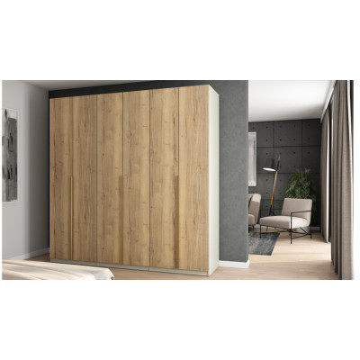 6-türiger Kleiderschrank 240 x 240 cm – Kaschmir-Beige / Halifax Eiche mit goldenen Griffen