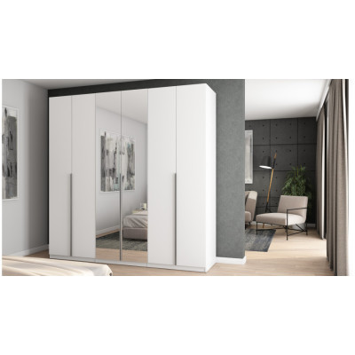 Armoire 6 portes avec miroir ouvrante 240 x 240 cm – blanche avec poignées argentées