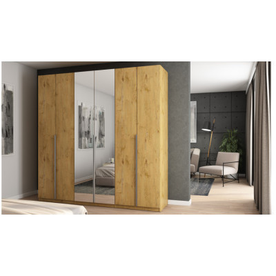6-door wardrobe with mirror opening 240 x 240 cm – lancelot oak with silver handles
