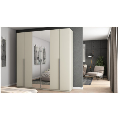 6-türiger Kleiderschrank mit Spiegel 240 x 240 cm – Kaschmir-Beige mit silbernen Griffen