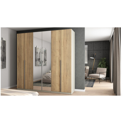 Dulap cu 6 uși cu oglindă 240 x 240 cm – Bej cașmir / Stejar Halifax cu mânere argintii