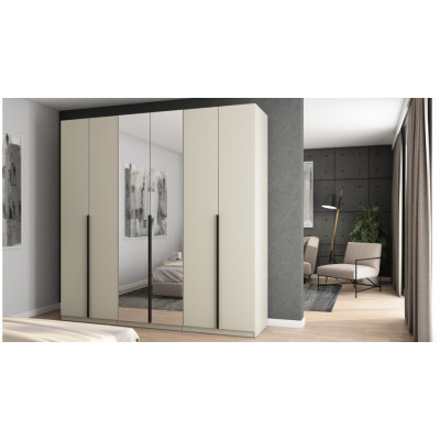 Armoire 6 portes avec miroir ouvrante 240 x 240 cm – beige cachemire avec poignées noires