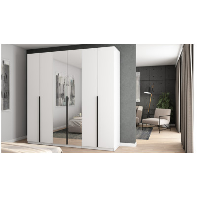 Szafa 6 drzwiowa z lustrem otwierana 240 x 240 cm – biała z czarnymi uchwytami