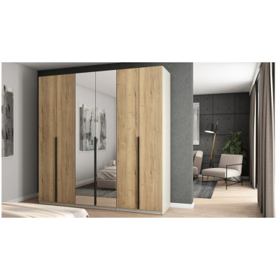 6-türiger Kleiderschrank mit Spiegel 240 x 240 cm – Kaschmirbeige / Halifax Eiche mit schwarzen Griffen