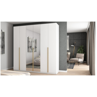 Armoire 6 portes avec miroir 240 x 240 cm – blanche avec poignées dorées