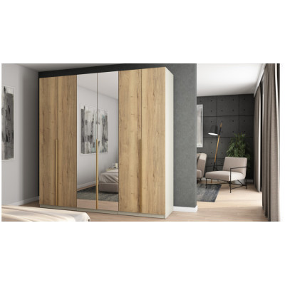 6-türiger Kleiderschrank mit Spiegel zum Öffnen 240 x 240 cm – Kaschmir-Beige / Eiche Halifax mit goldenen Griffen