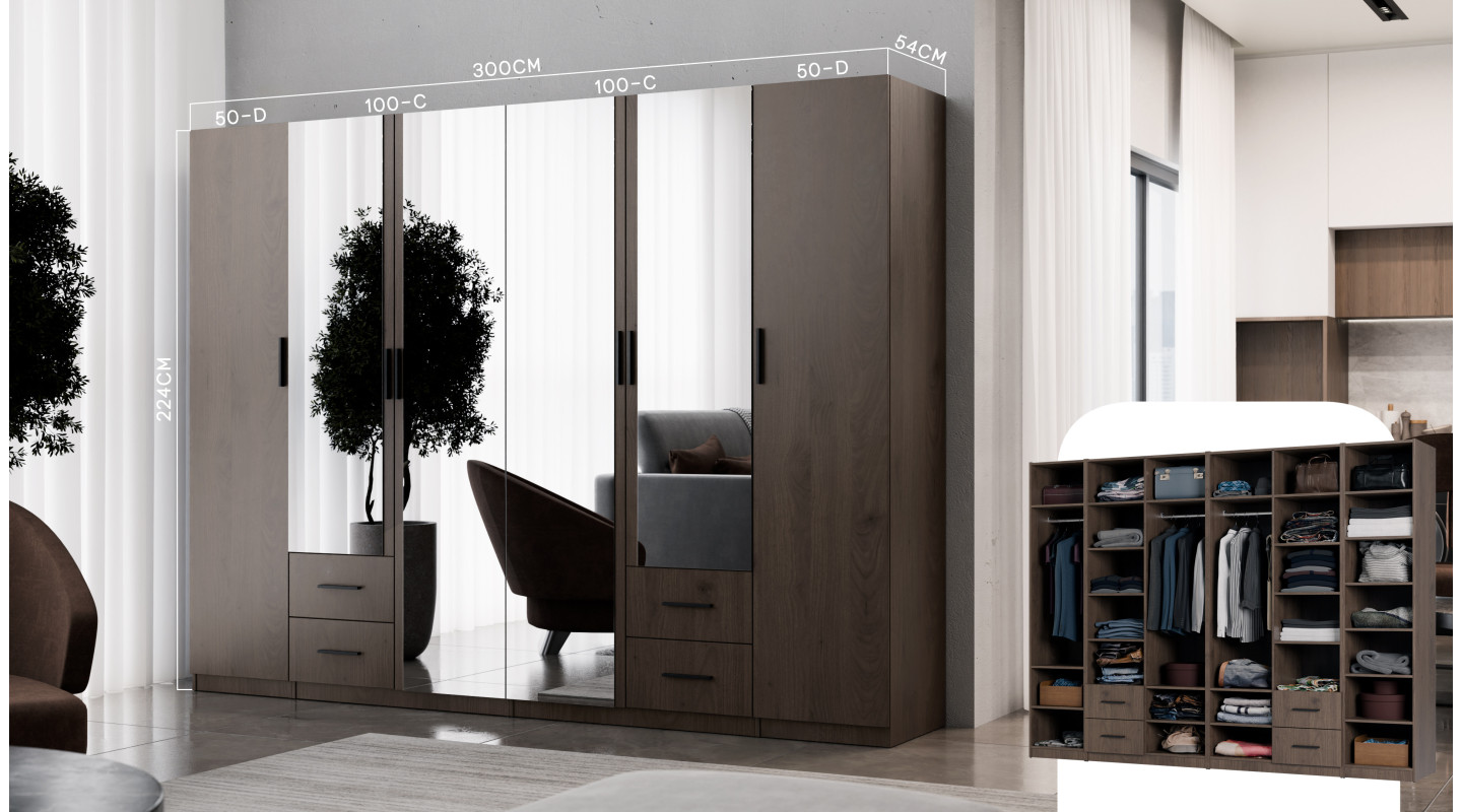 Szafa modułowa 300 cm z lustrami Orzech Okapi – Zestaw MAX Premium