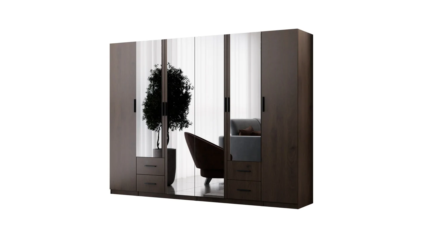 Szafa modułowa 300 cm z lustrami Orzech Okapi – Zestaw MAX Premium