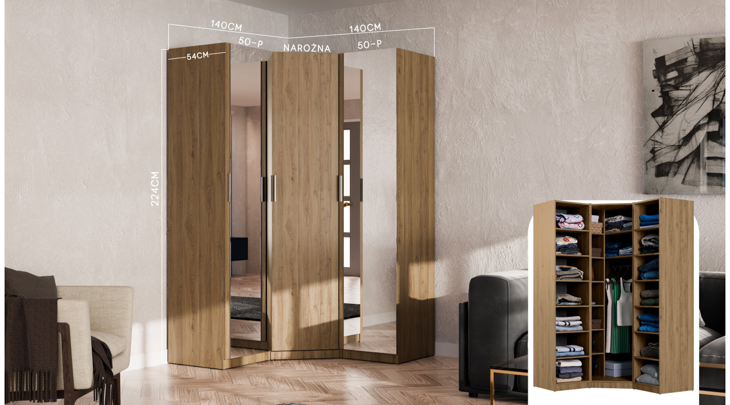 Szafa narożna modułowa 278 cm z lustrami Dąb Carpenter Whisky - Zestaw MAX Premium
