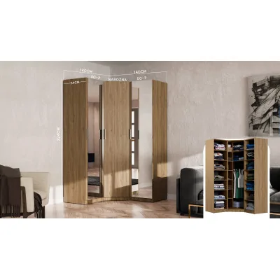 Szafa narożna modułowa 278 cm z lustrami Dąb Carpenter Whisky - Zestaw MAX Premium