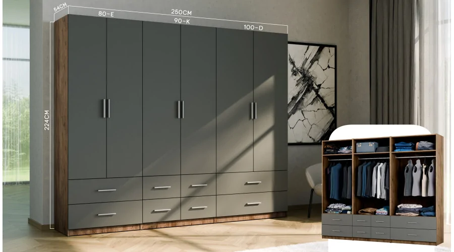 Szafa modułowa 270 cm Dąb Lefkas Ciemny + Szary Grafit - Zestaw MAX PremiumSystem Szaf Modułowych MAX