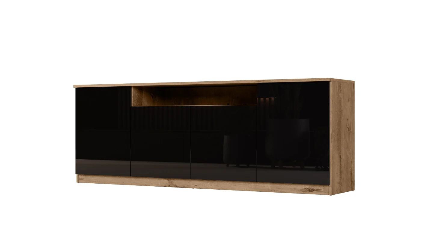 Nowoczesna komoda z systemem Tip-On 200×44 cm Dąb Lefkas / Wysoki Połysk Czarny – Luna