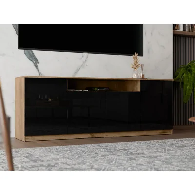 Nowoczesna komoda z systemem Tip-On 200×44 cm Dąb Lefkas / Wysoki Połysk Czarny – Luna