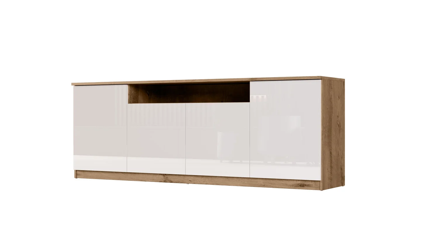 Nowoczesna komoda z systemem Tip-On 200×44 cm Dąb Lefkas / Wysoki Połysk Biały – Luna Nowoczesna komoda z systemem Tip-On 200×44 cm Dąb Lefkas / Wysoki Połysk Biały – Luna