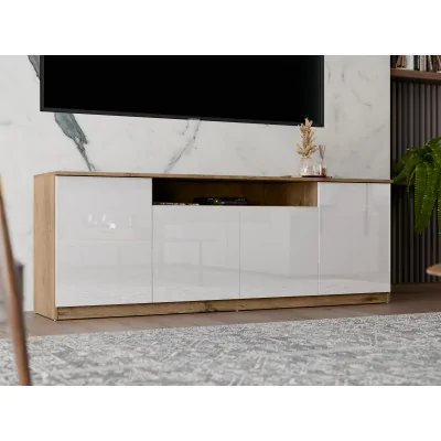 Nowoczesna komoda z systemem Tip-On 200×44 cm Dąb Lefkas / Wysoki Połysk Biały – Luna