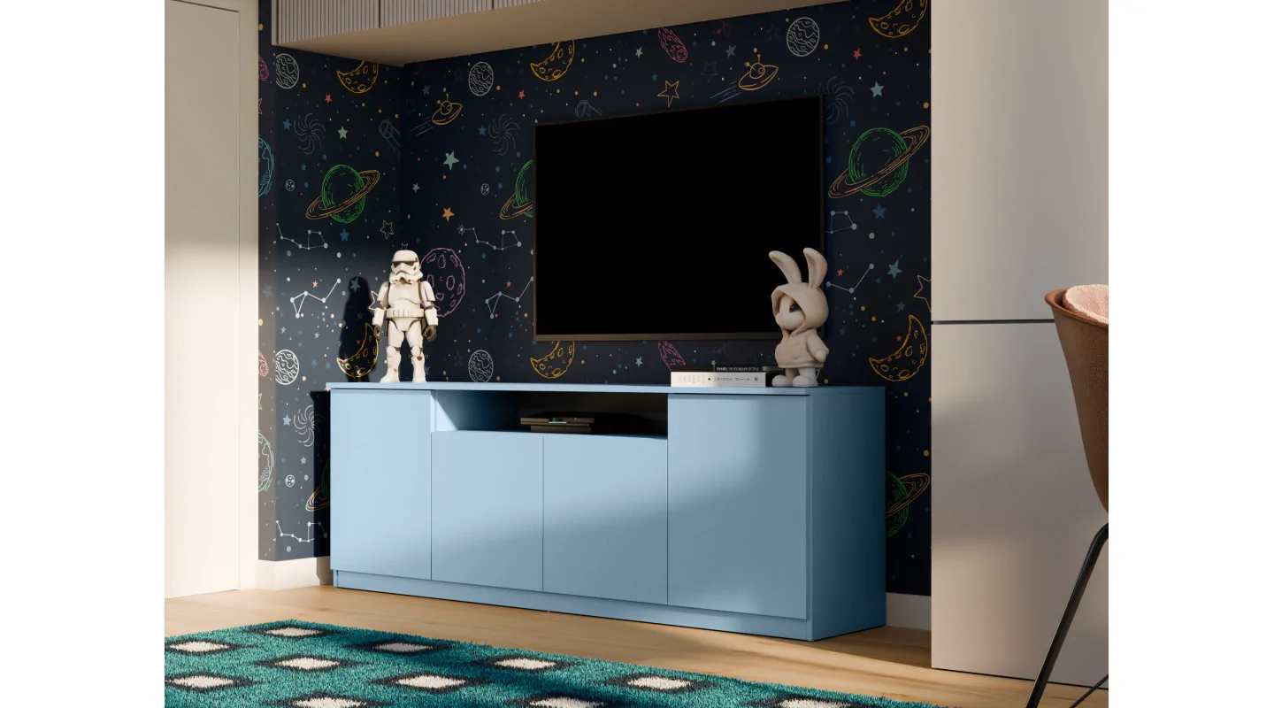 Nowoczesna komoda z systemem Tip-On 200×44 cm Niebieski Kredowy – Luna