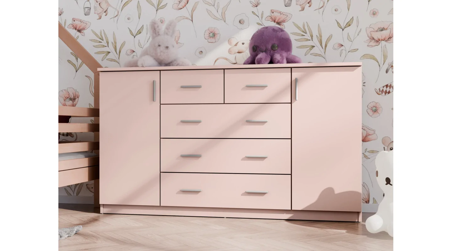 Pojemna komoda z szafkami oraz małymi i dużymi szufladami 160 cm Różowy – Linea Pojemna komoda z szafkami oraz małymi i dużymi szufladami 160 cm Różowy – Linea