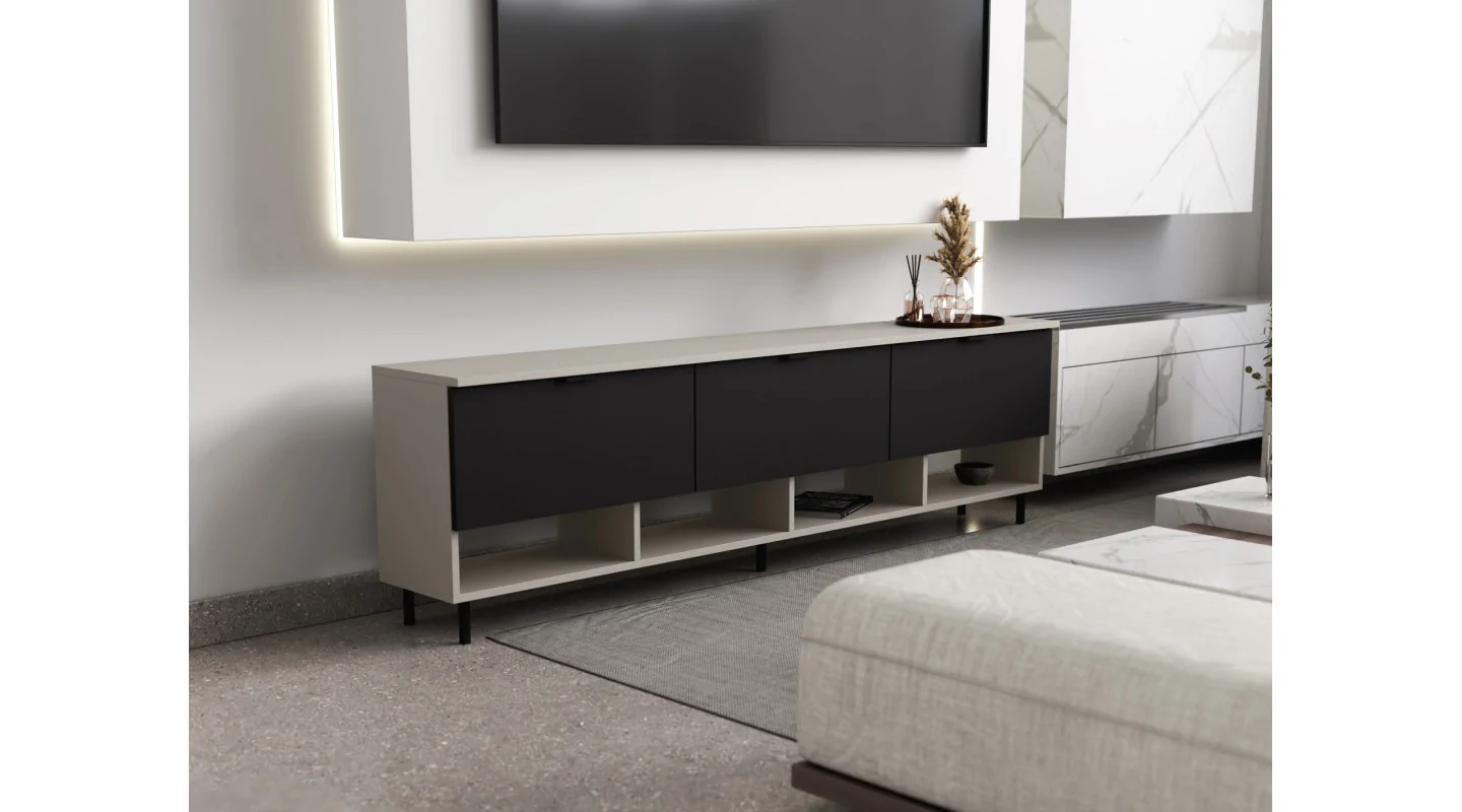 Komoda RTV 200 cm - Szafka pod telewizor Kaszmirowy Beż / Czarny Onyx - Alto | e-Meblast