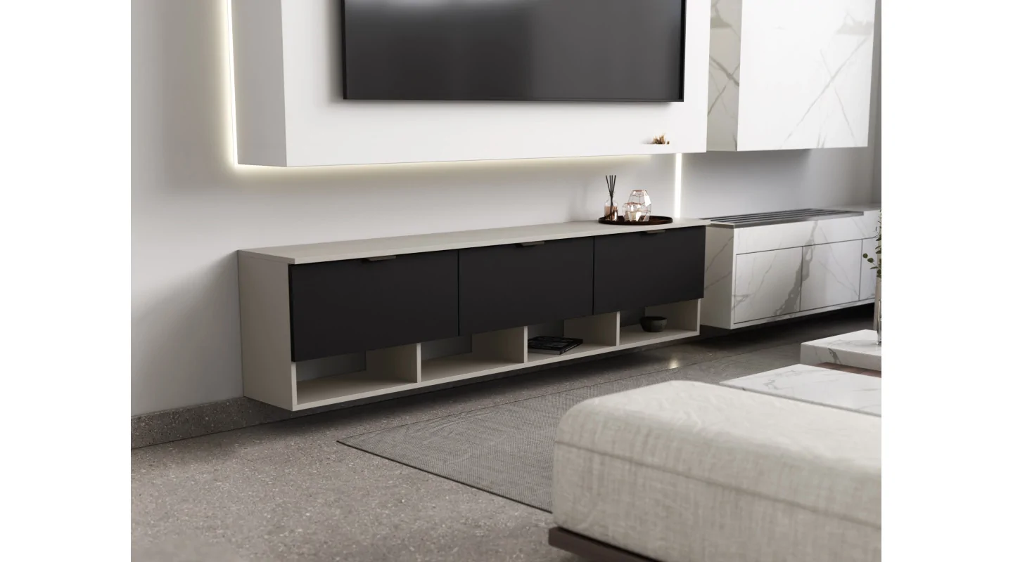 Komoda RTV 200 cm - Szafka pod telewizor Kaszmirowy Beż / Czarny Onyx - Alto | e-Meblast