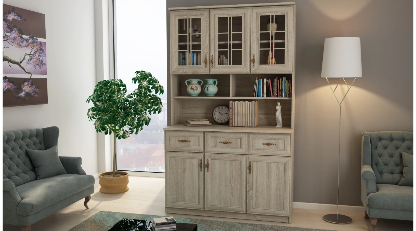 Kredens 120 cm witryna sonoma jasna – Brentaro | eMeblast Kredens 120 cm witryna sonoma jasna – Brentaro | eMeblast