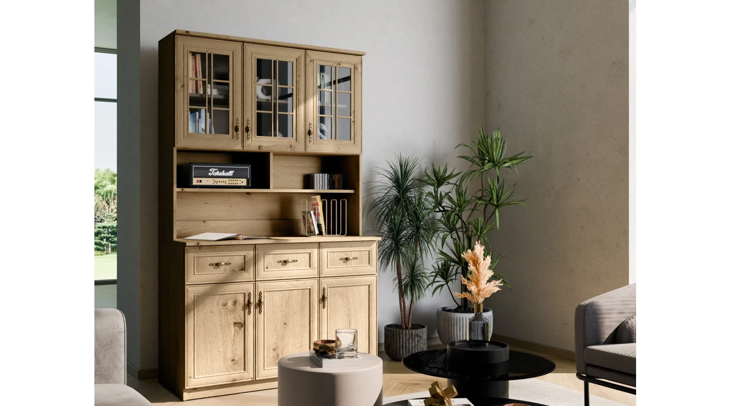 Kredens 120 cm witryna dąb artisan – Brentaro | eMeblast