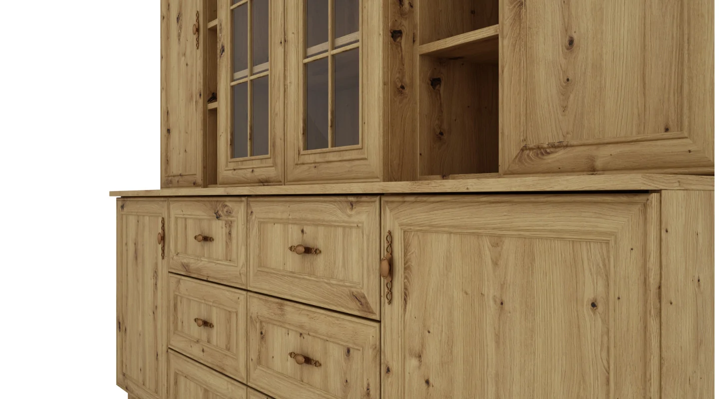 Klasyczna duża witryna z szafkami i szufladami 210 cm Dąb Artisan – Royal
