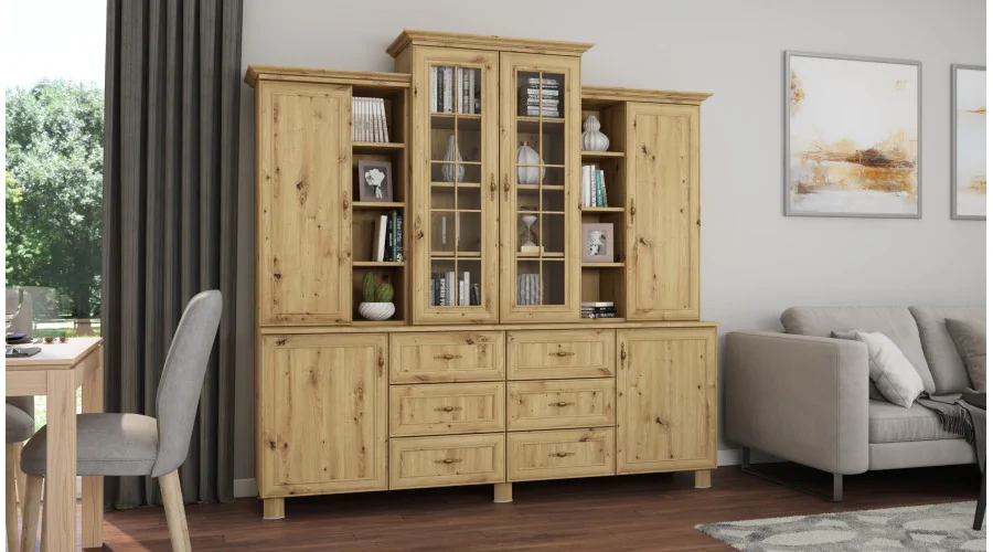 Klasyczna duża witryna z szafkami i szufladami 210 cm Dąb Artisan – Royal