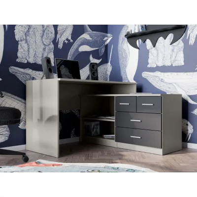 Nowoczesne biurko narożne z szufladami i półkami 120×120 cm Szary / Czarny Onyx – Noa