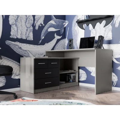 Nowoczesne biurko narożne z szufladami i półkami 120×120 cm Szary / Czarny Onyx – Noa