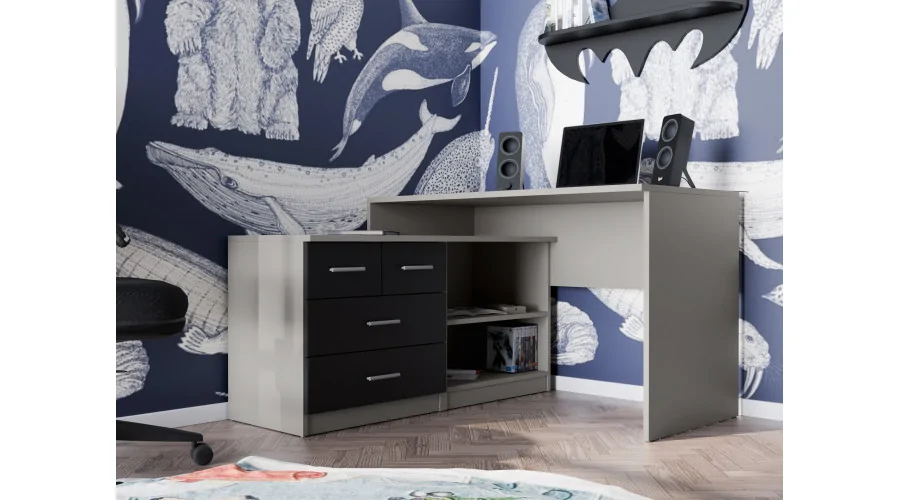 Nowoczesne biurko narożne z szufladami i półkami 120×120 cm Szary / Czarny Onyx – Noa