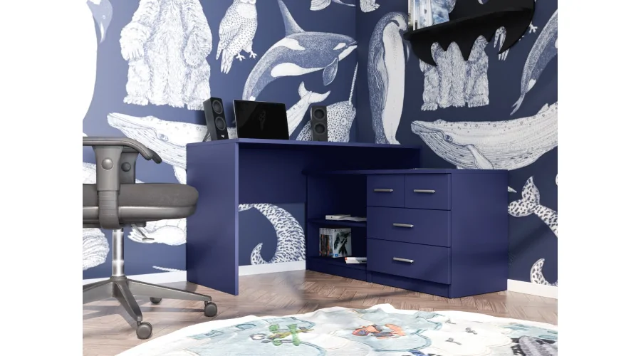 Nowoczesne biurko narożne z szufladami i półkami 120×120 cm Kobalt – Noa Nowoczesne biurko narożne z szufladami i półkami 120×120 cm Kobalt – Noa
