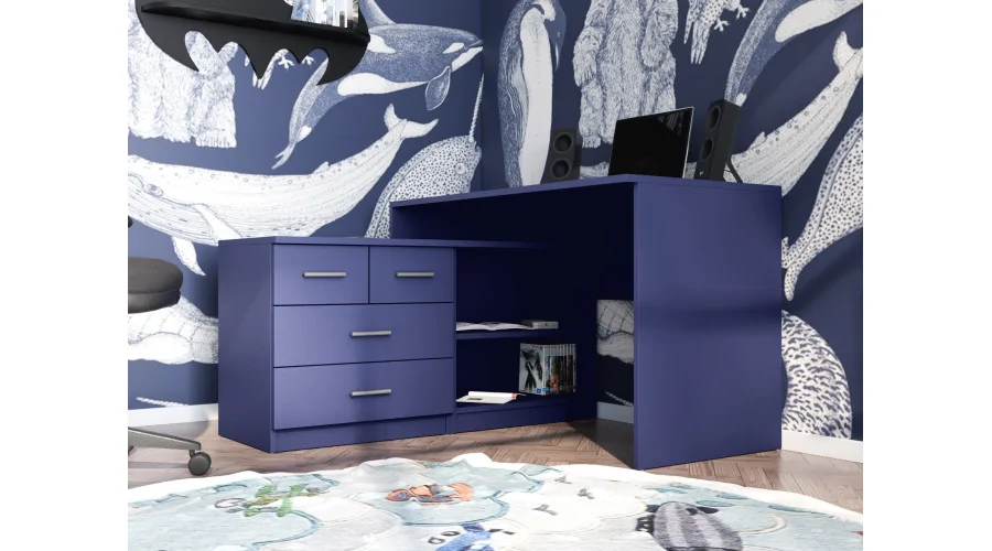 Nowoczesne biurko narożne z szufladami i półkami 120×120 cm Kobalt – Noa Nowoczesne biurko narożne z szufladami i półkami 120×120 cm Kobalt – Noa