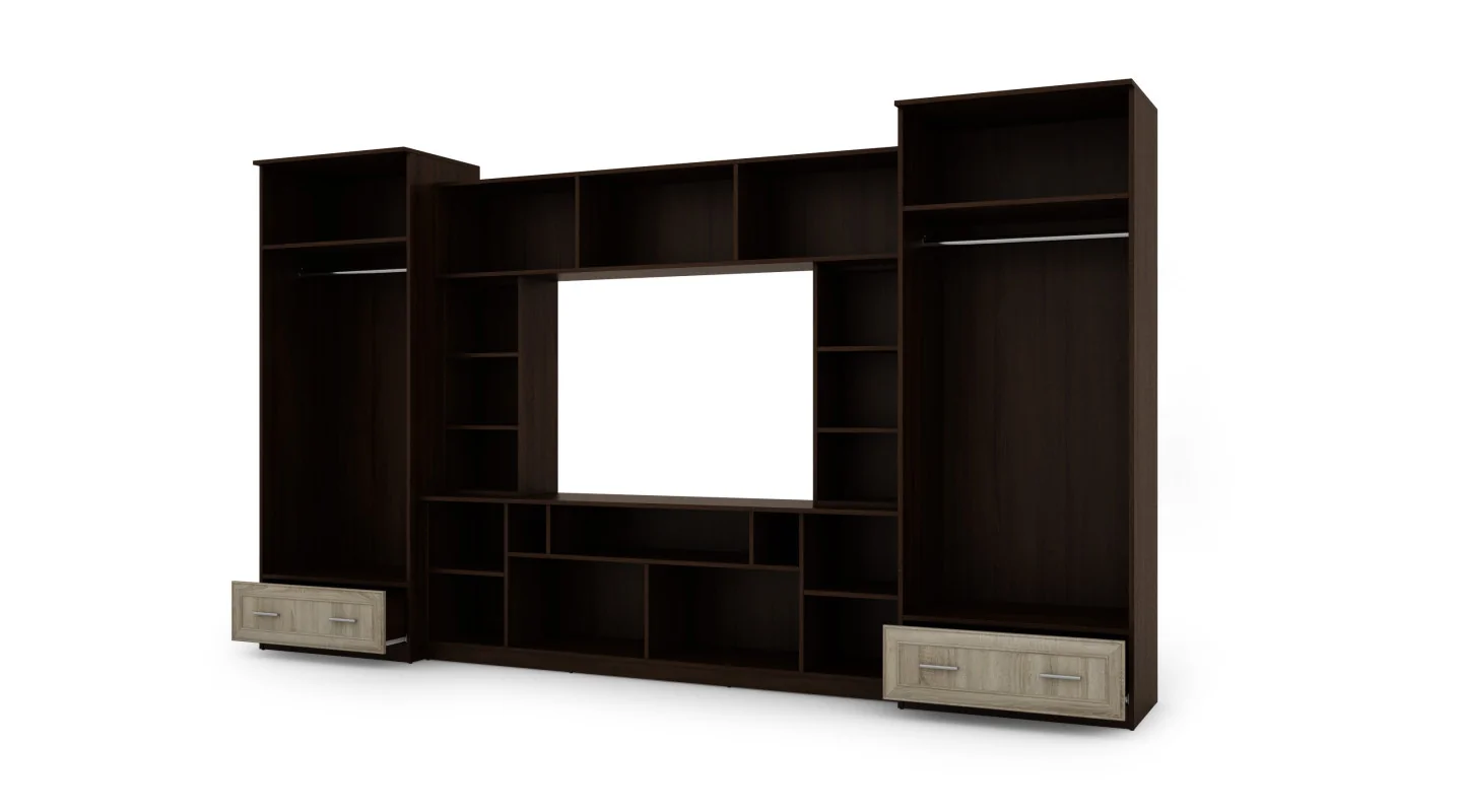Meblościanka z nadstawkami, dużymi szafami i miejscem na TV 370×210 cm Sonoma Ciemna / Sonoma Jasna – TAJGA