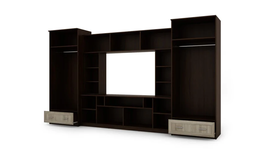 Meblościanka z nadstawkami, dużymi szafami i miejscem na TV 370×210 cm Sonoma Ciemna / Sonoma Jasna – TAJGA