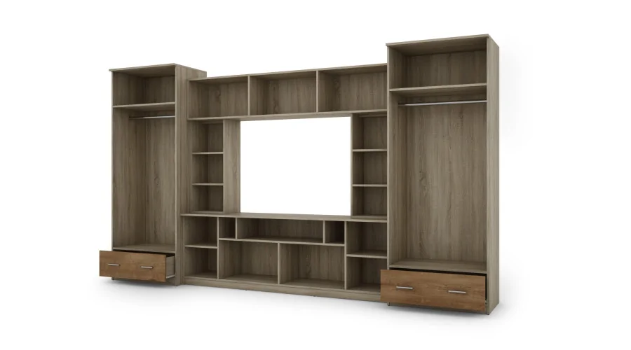 Meblościanka z nadstawkami, dużymi szafami i miejscem na TV 370×210 cm Sonoma Jasna / Dąb Lefkas – TAJGA