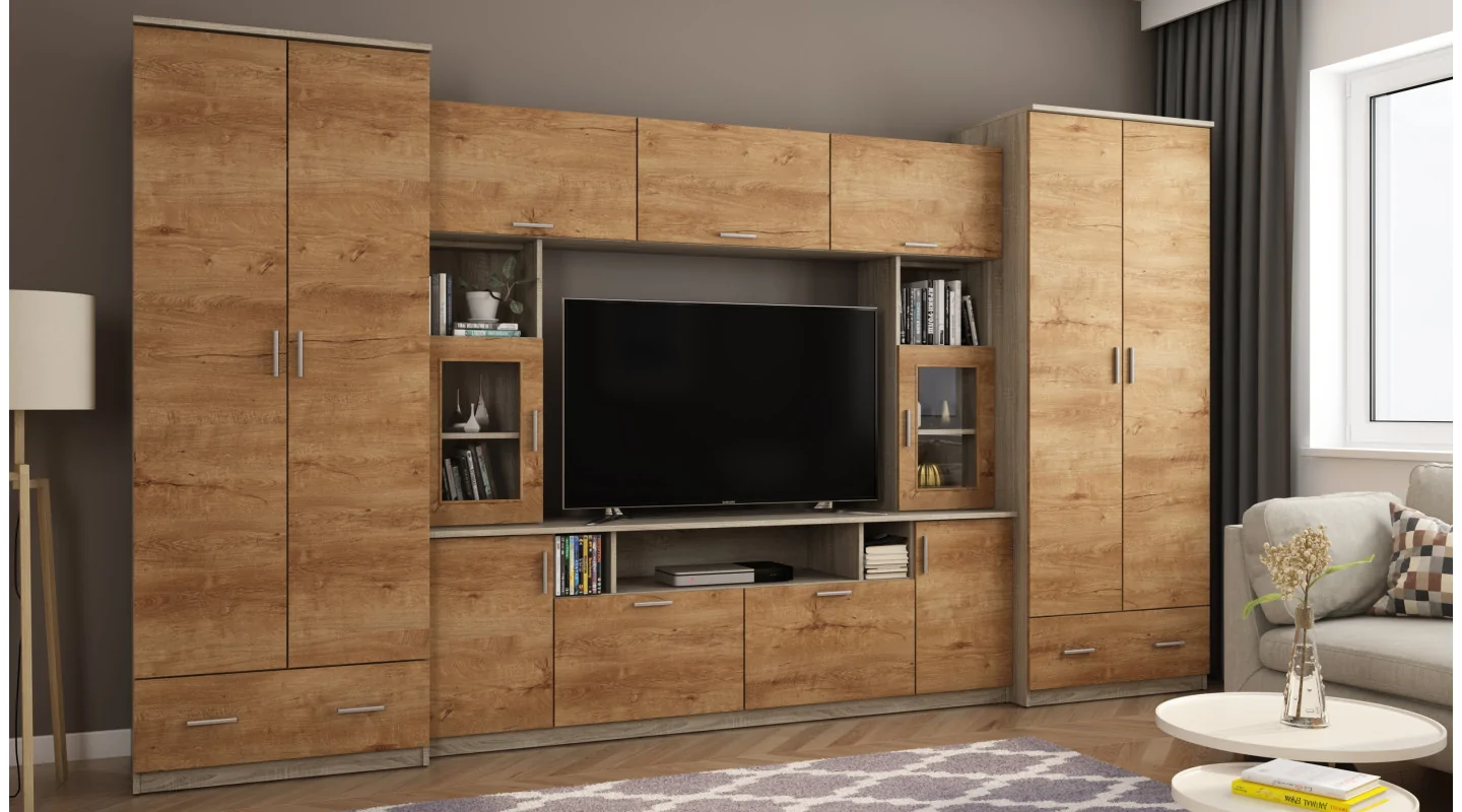 Meblościanka z nadstawkami, dużymi szafami i miejscem na TV 370×210 cm Sonoma Jasna / Dąb Lefkas – TAJGA