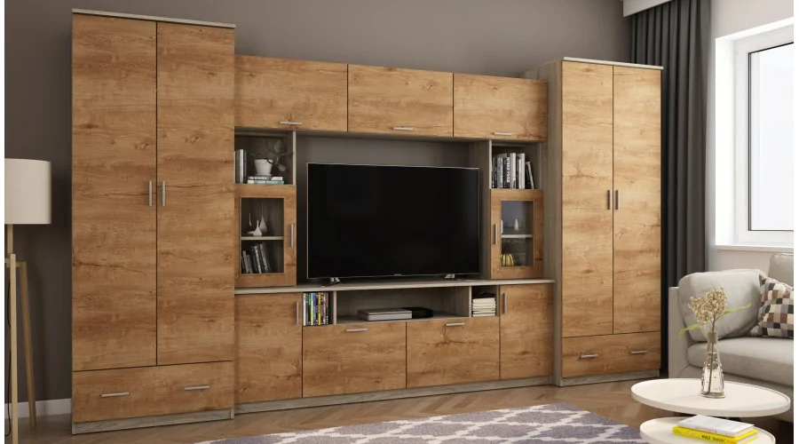Meblościanka z nadstawkami, dużymi szafami i miejscem na TV 370×210 cm Sonoma Jasna / Dąb Lefkas – TAJGA