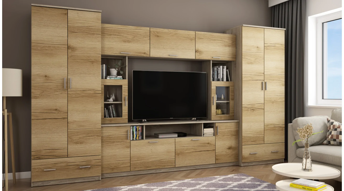 Meblościanka z nadstawkami, dużymi szafami i miejscem na TV 370×210 cm Sonoma Jasna / Dąb Grand Naturalny – TAJGA Meblościanka z nadstawkami, dużymi szafami i miejscem na TV 370×210 cm Sonoma Jasna / Dąb Grand Naturalny – TAJGA