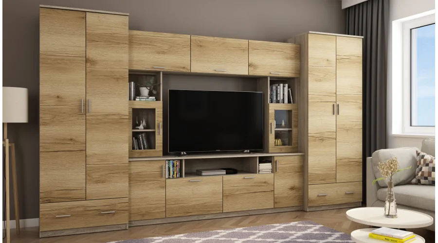Meblościanka z nadstawkami, dużymi szafami i miejscem na TV 370×210 cm Sonoma Jasna / Dąb Grand Naturalny – TAJGA Meblościanka z nadstawkami, dużymi szafami i miejscem na TV 370×210 cm Sonoma Jasna / Dąb Grand Naturalny – TAJGA