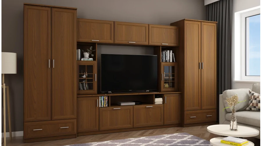 Meblościanka z nadstawkami, dużymi szafami i miejscem na TV 370×210 cm Wiśnia Porto – TAJGA