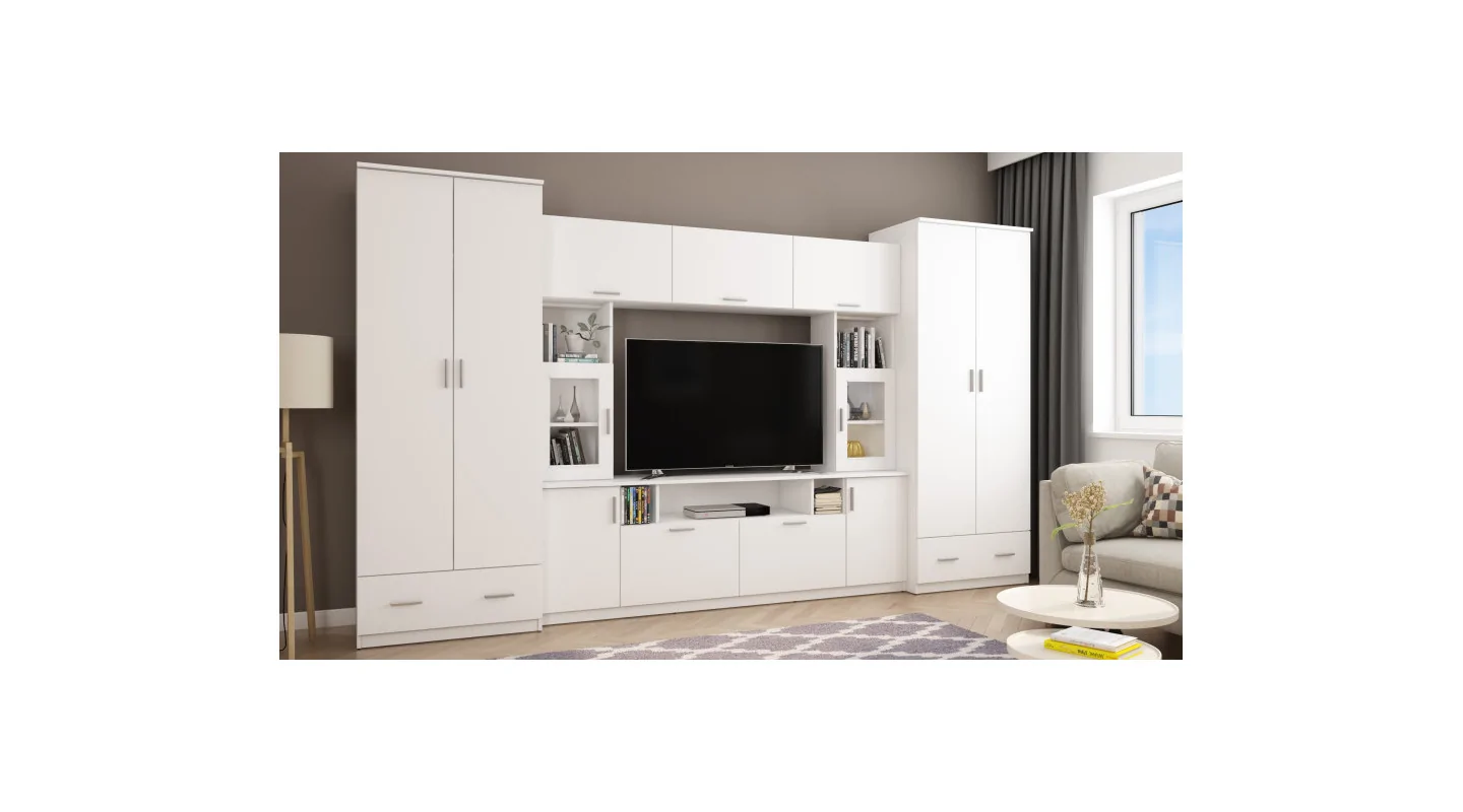 Meblościanka z nadstawkami, dużymi szafami i miejscem na TV 370×210 cm Biel Arktyczna – TAJGA
